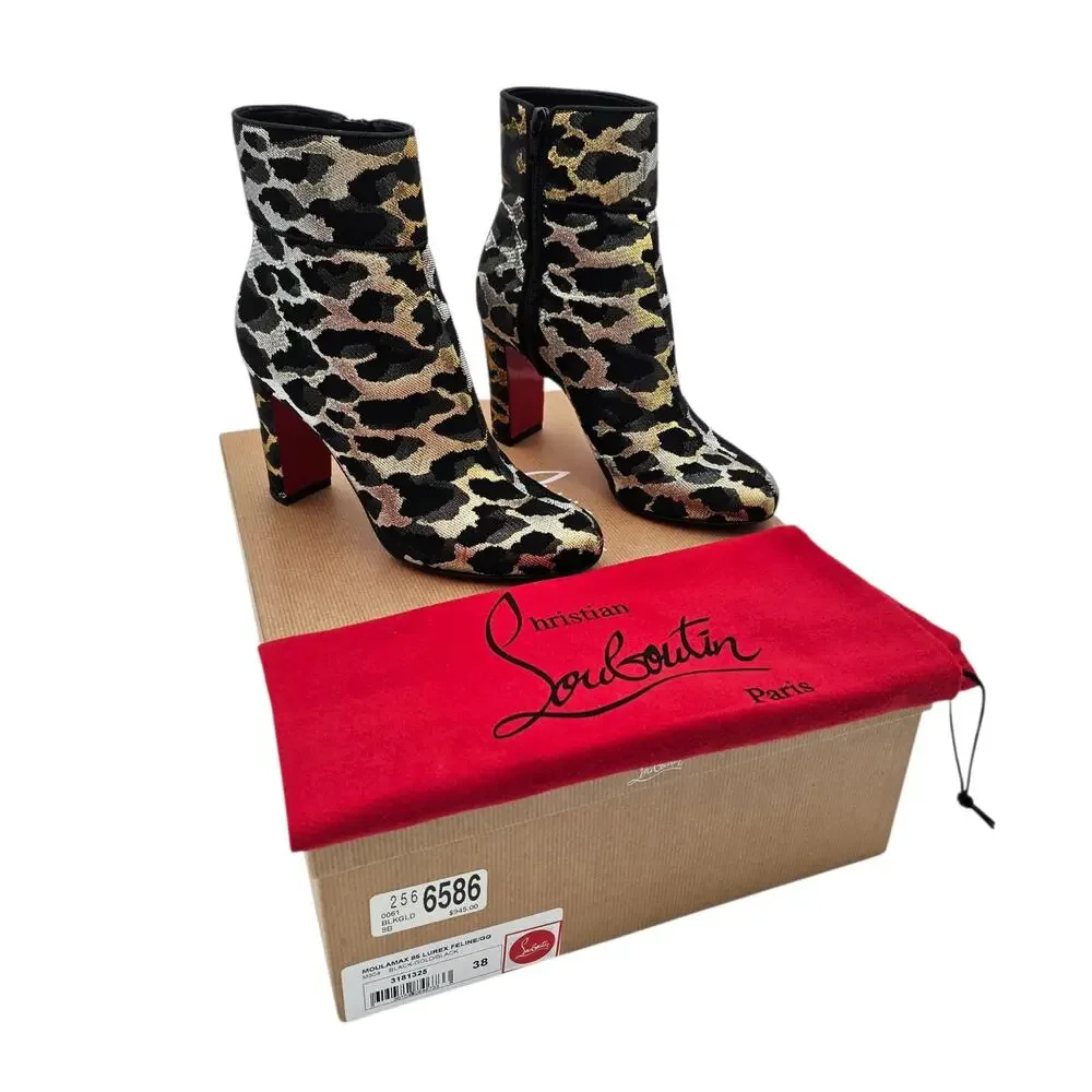 Christian Louboutin Moulamax Ankle Boot Black Gold Lurex Leopard Size 38 US 8
